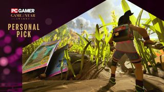 A screenshot of the PC version of Grounded 2, using the game's Photo Mode, with a stylised overlay on top showing the PC Gamer logo and the phrase 'Game of the Year: Personal Pick'