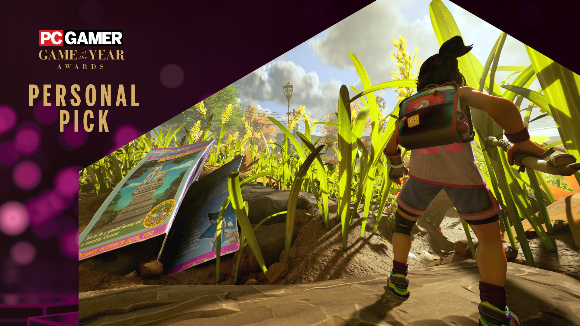 A screenshot of the PC version of Grounded 2, using the game's Photo Mode, with a stylised overlay on top showing the PC Gamer logo and the phrase 'Game of the Year: Personal Pick'