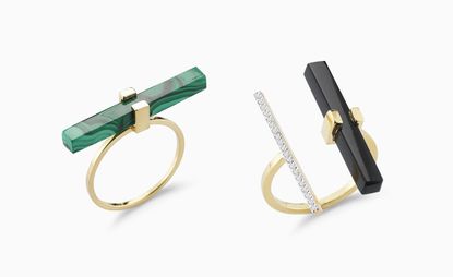 Mateo's debut women's collection includes a gold malecite cross bar ring and an onyx and diamond parallel bar ring