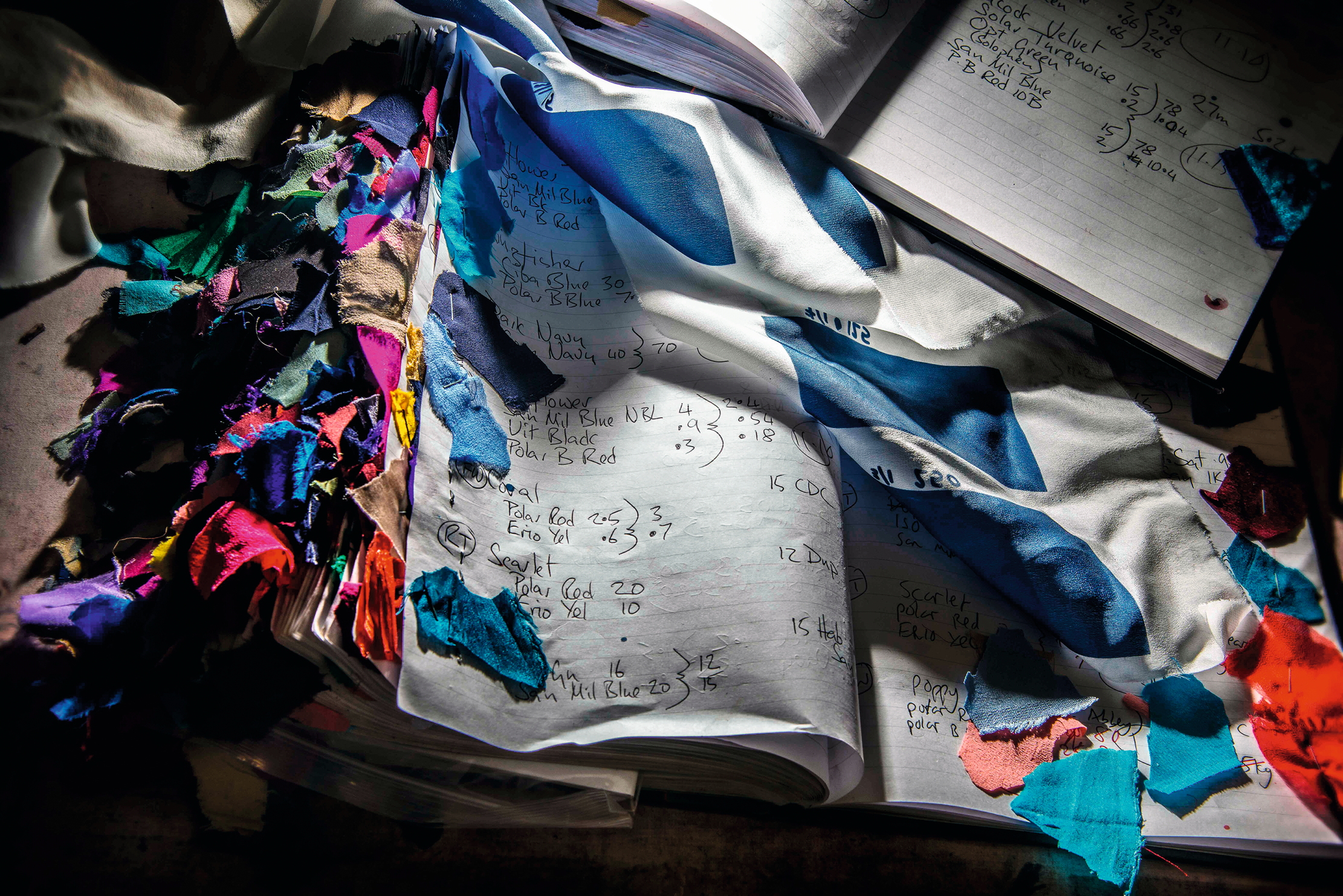 A book covered in silk cuttings
