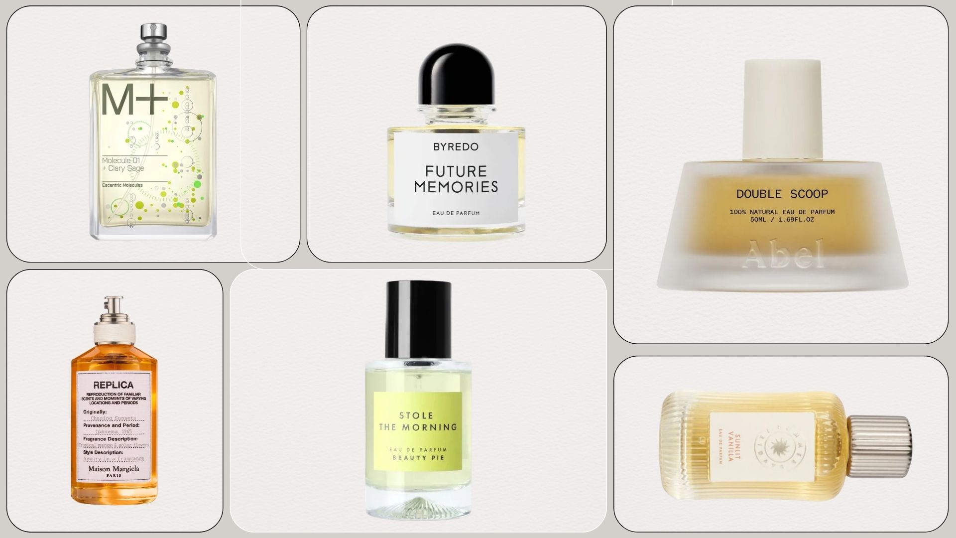 A collage of new in perfumes from Escentric Molecules, Byredo, Abel, Maison Margiela, Beauty Pie and Summer Fridays