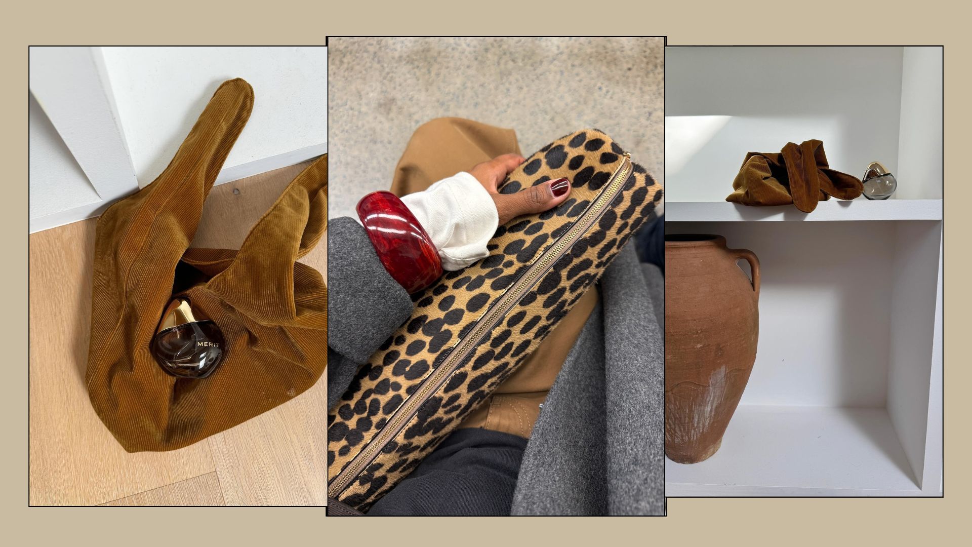 Two pictures of the Merit perfume on top of a stylish brown bag, and a woman holding a stylish leopard print bag on the tube