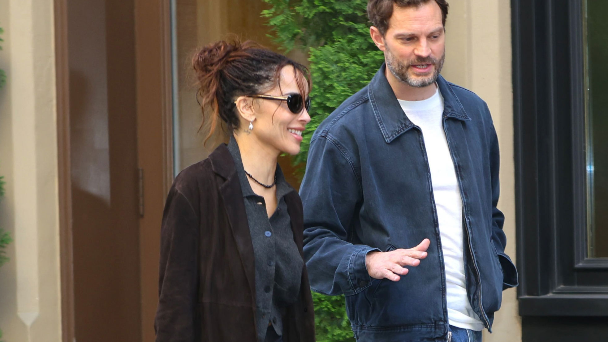 Zoe Kravitz wears capri pants with leopard-print heels with Jamie Dornan