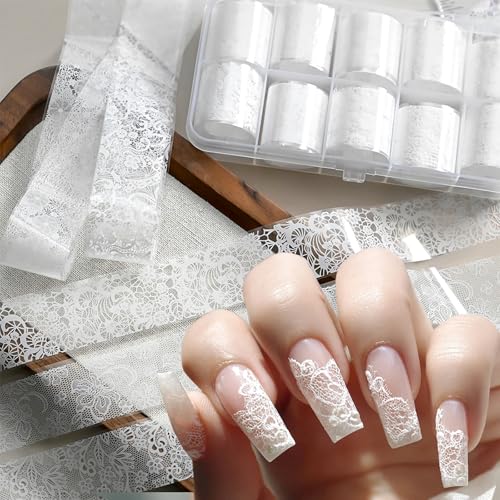 Molilon 10 Rolls White Lace Nail Foil, Lace Nail Art Foil Transfer Stickers Decals, Holographic Foils for Nails Design, Manicure Stickers for Diy Acrylic Nails Decoration
