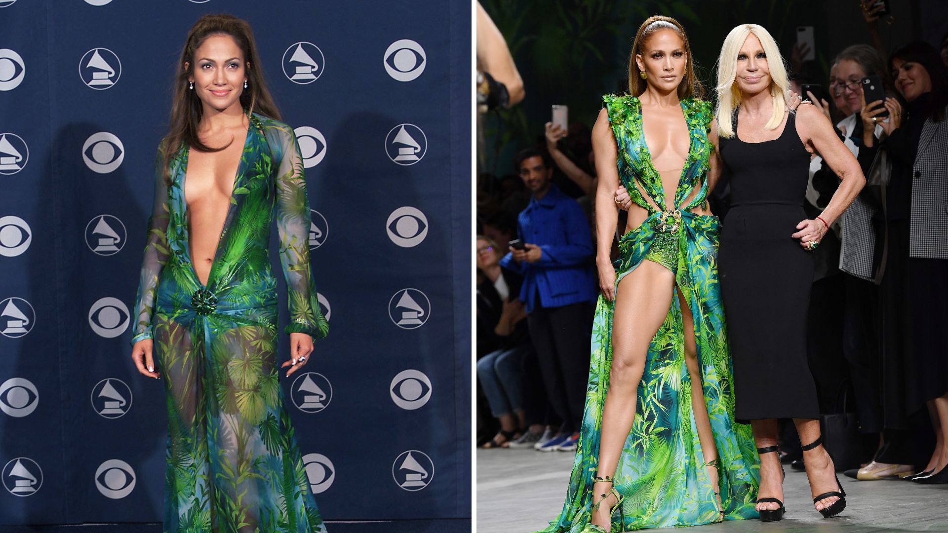 L-JLo wearing the Versace Jungle dress in 2000, R- Jlo and Donatella Versace