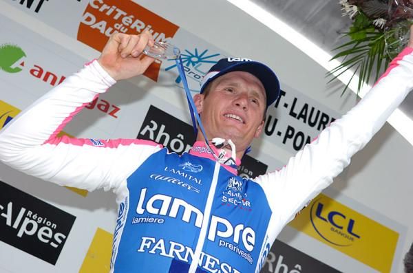 Grega Bole (Lampre-Farnese Vini) shows off his hardware for winning the Dauphin&eacute;'s first road stage.