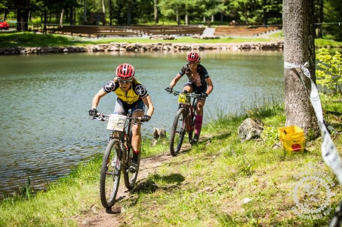 Cheryl Sornson and Selene Yeager finish the lap around the lake to finish the Trans-Sylvania Epic