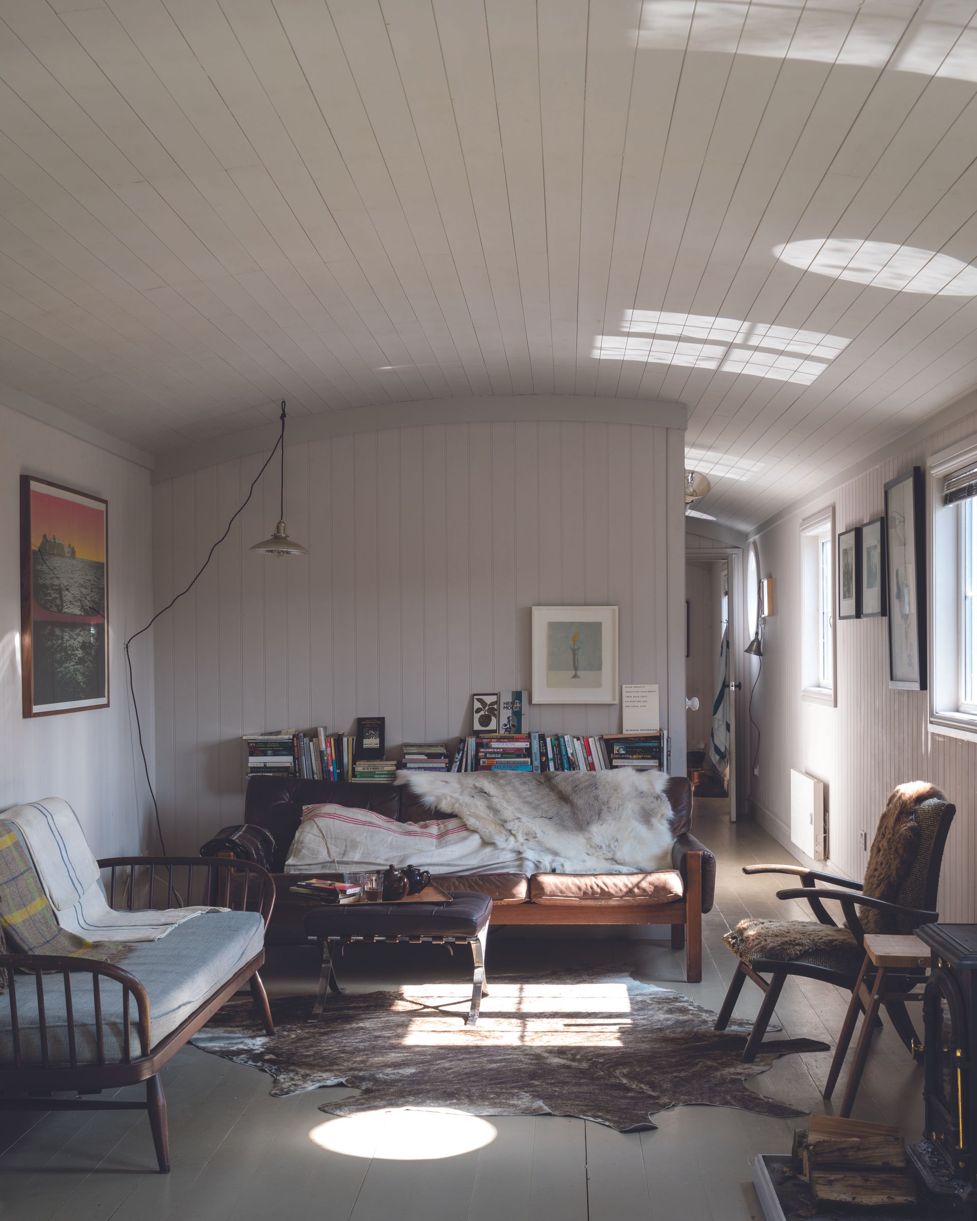 grey living room with tongue and groove paneling by Farrow & Ball