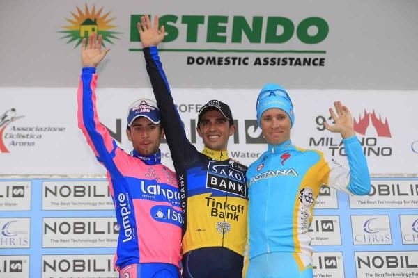 The podium: Diego Ulisi (Lampre-ISD), Alberto Contador (Team Saxo Bank-Tinkoff Bank) and Fredrik Kessiakoff (Astana Pro Team)