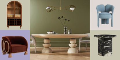 anthropologie furniture, including a storage cabinet, two accent chairs, and a marble side table, pictured against a colorful background furniture.