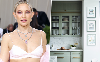 Kate Hudson and green kitchen cabinets