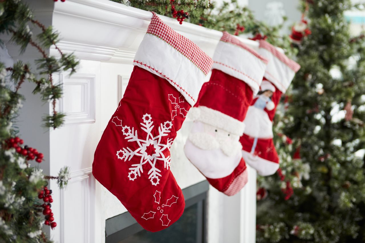 Christmas stockings on a fireplace