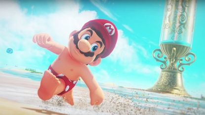 Mario in a swimsuit in Super Mario Odyssey.