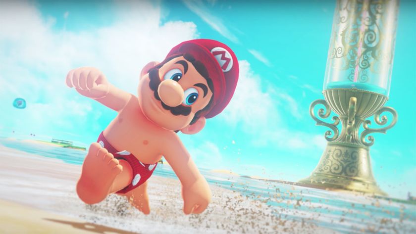 Mario in a swimsuit in Super Mario Odyssey.