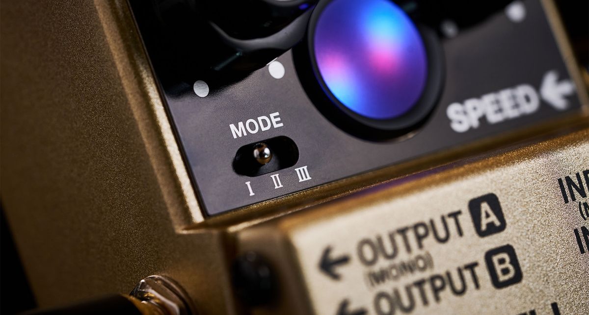 Boss RT-2 Rotary Ensemble: the compact unit emulates the sound of a rotating speaker cabinet and has a visual indicator on the front of its gold enclosure that shows the speed of the bass and treble rotors.