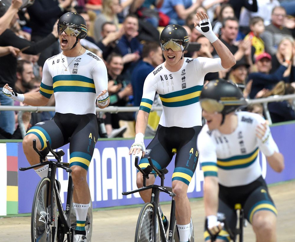 Australia's team celebrates after breaking the team persuit world record during the UCI Track Cycling World Championships on February 27, 2019 in Pruszkow.