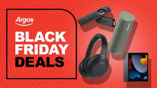 A selection of products on a red background next to text reading Argos Black Friday deals