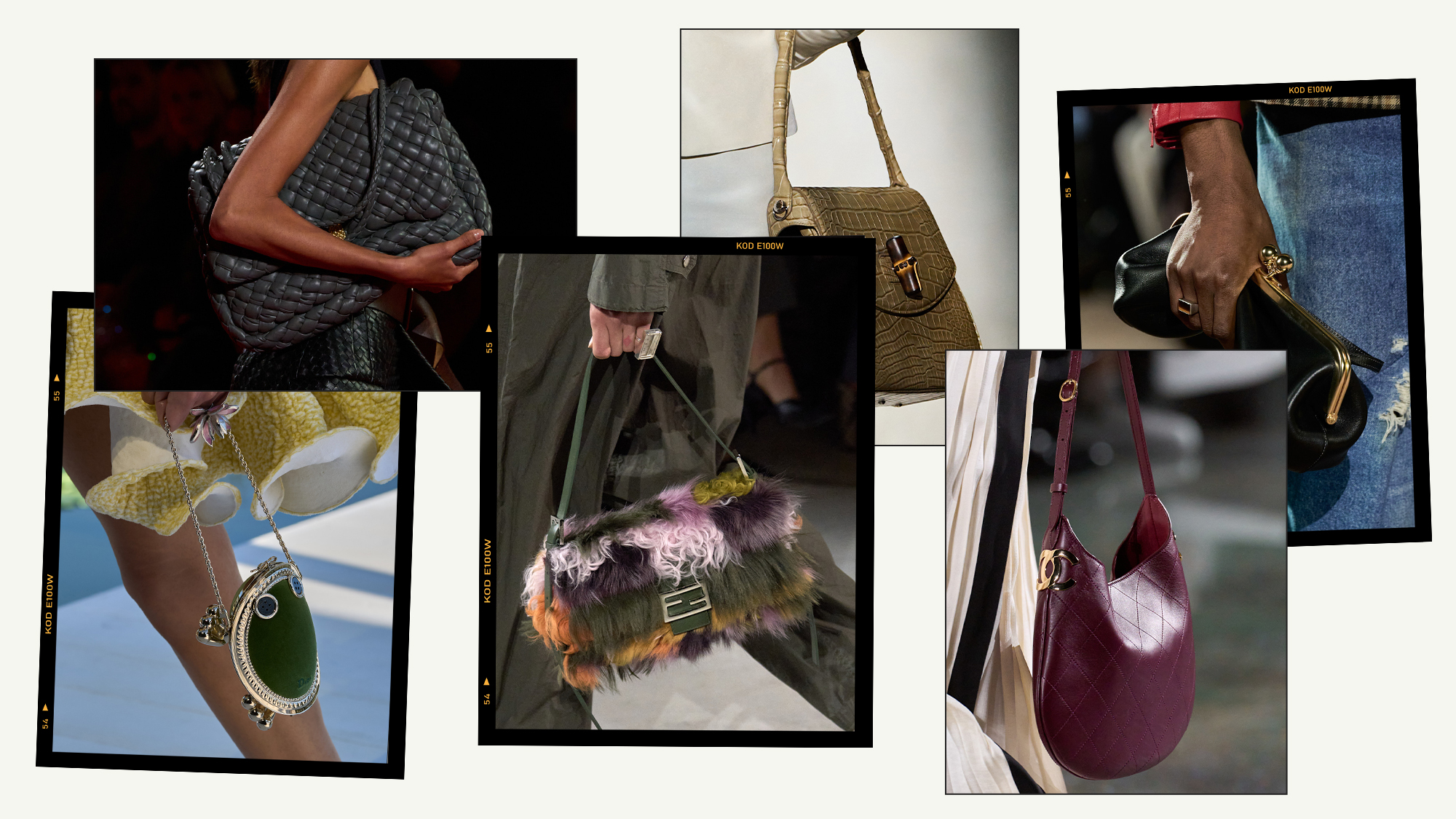 a collage of detail runway images featuring the handbag trends of fall/winter 2026
