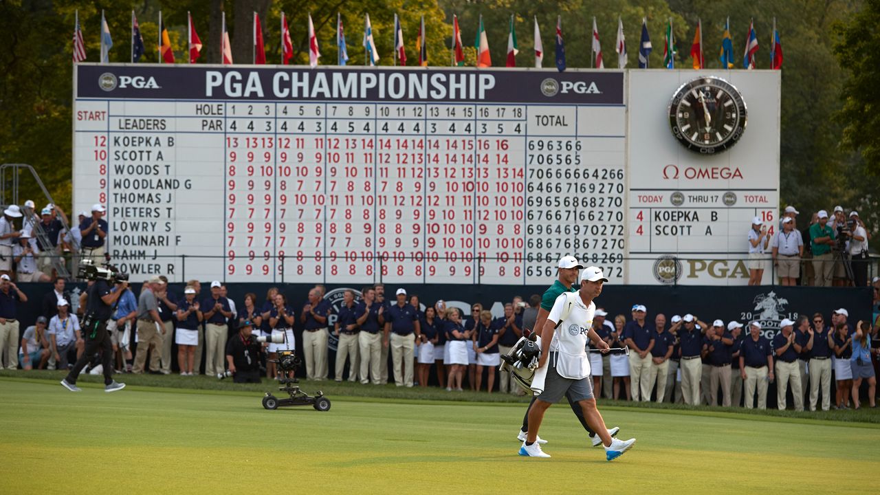 Brooks Koepka walks the course on Sunday during the final round of the 2018 PGA Championship at Bellerive CC.