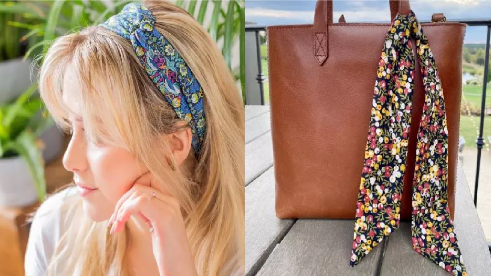 Woman wearing floral bandana and a brown handbag with a floral bandana attached to the handle
