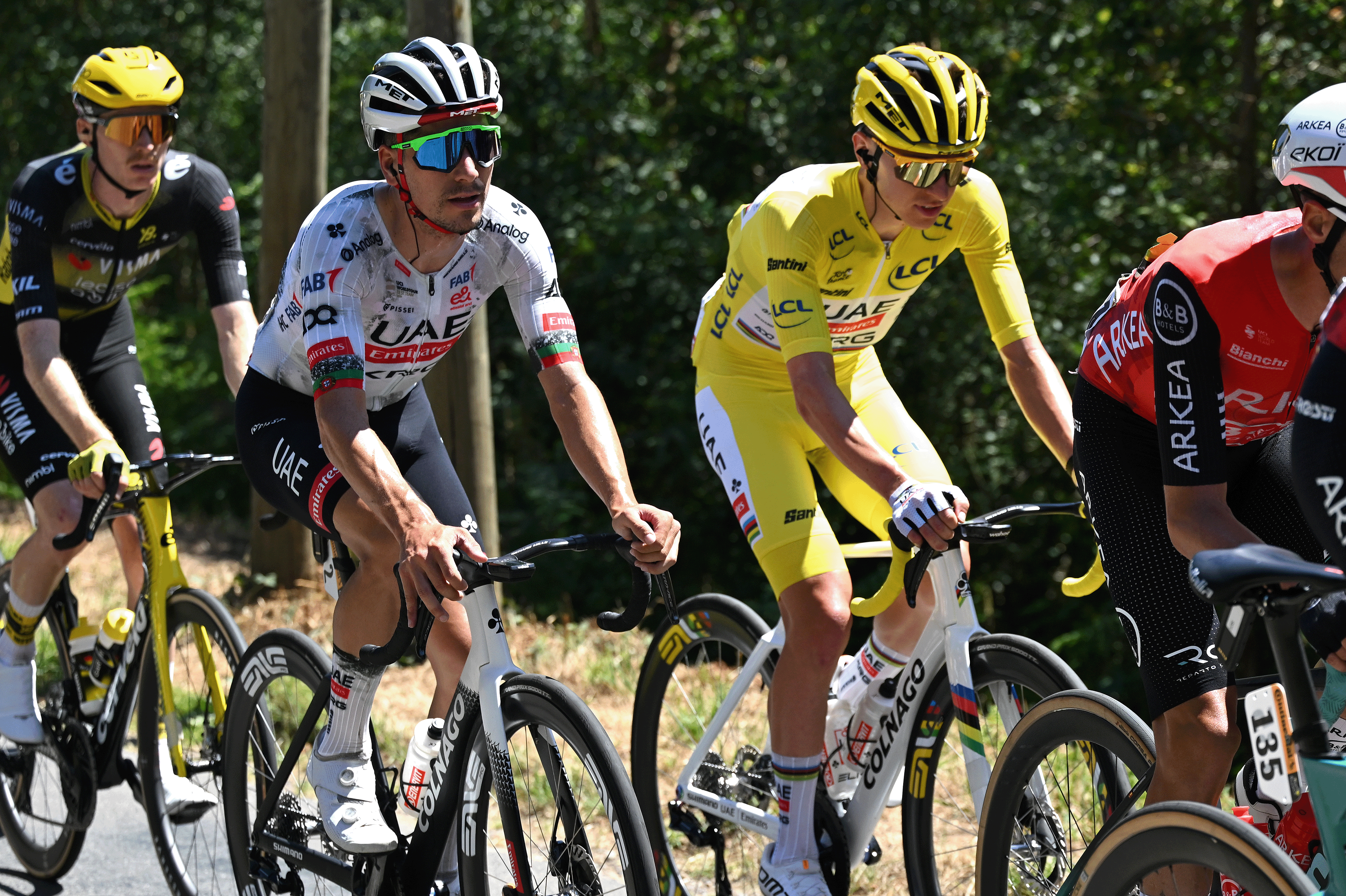 VIRE NORMANDIE, FRANCE - JULY 10: (L-R) Joao Almeida of Portugal and Tadej Pogacar of Slovenia and UAE Team Emirates - XRG - Yellow leader jersey compete during the 112th Tour de France, Stage 6 a 201.5km stage from Bayeux to Vire Normandie / #UCIWT / on July 10, 2025 in Vire Normandie, France. (Photo by Tim de Waele/Getty Images)