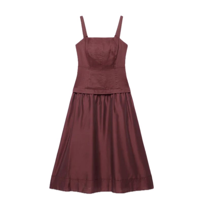 Mint Velvet , Burgundy Ramie Drop Waist Midi Dress