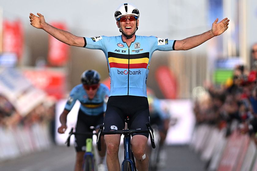 MIDDELKERKE, BELGIUM - NOVEMBER 09: Gold medalist Toon Aerts and Team Belgium celebrates winning during the 23rd UEC European Cyclo-cross Championships 2025 - Men&amp;apos;s Elite on November 09, 2025 in Middelkerke, Belgium. (Photo by Luc Claessen/Getty Images)