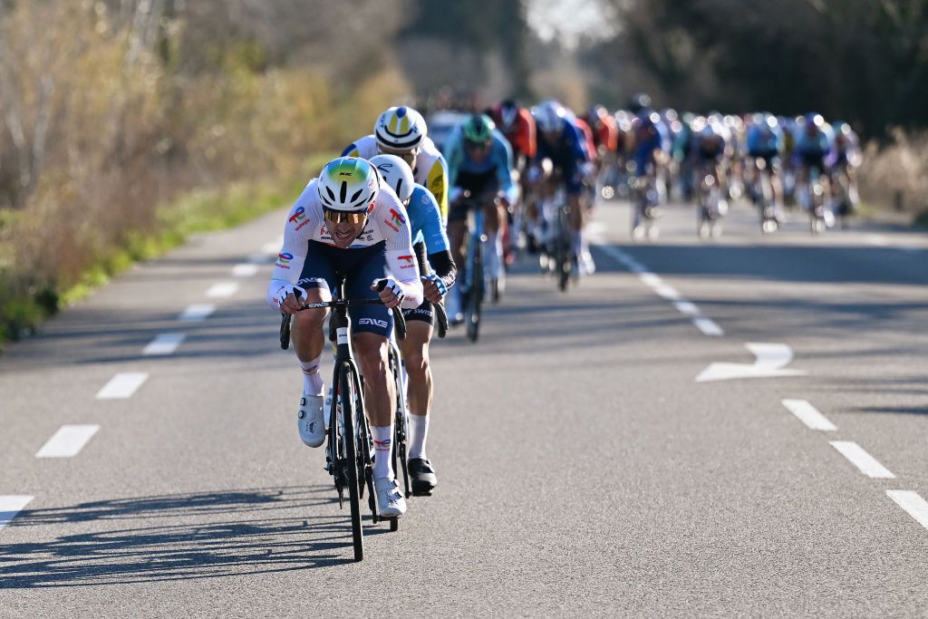 BELLEGARDE FRANCE FEBRUARY 05 Pierre Latour of France and Team TotalEnergies attacks during the 55th Etoile de Besseges Tour du Gard 2025 Stage 1 a 15907km stage Bellegarde to Bellegarde on February 05 2025 in Bellegarde France Photo by Billy CeustersGetty Images