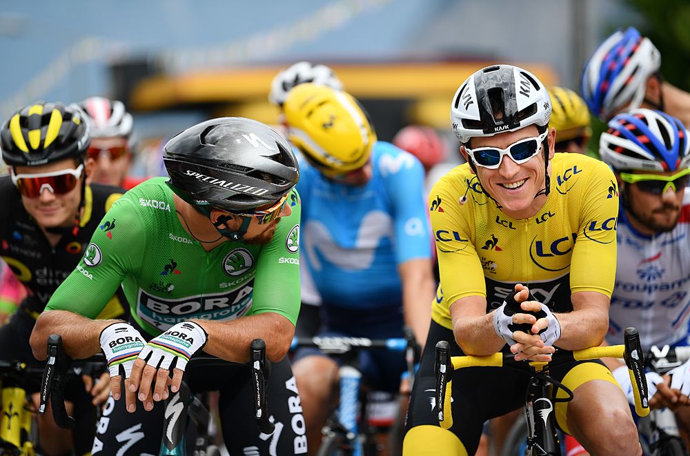 Yellow jersey Geraint Thomas (Team Sky) and green jersey Peter Sagan (Bora Hansgrohe) at the start of stage 13 at the Tour de France