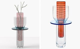 Two side-by-side photos of the 'Toy' blown glass vase - one version of the vase features pink glass and a dark green glass disc and the second version features orange glass and a blue glass disc. Both vases also have lines and rings in their design