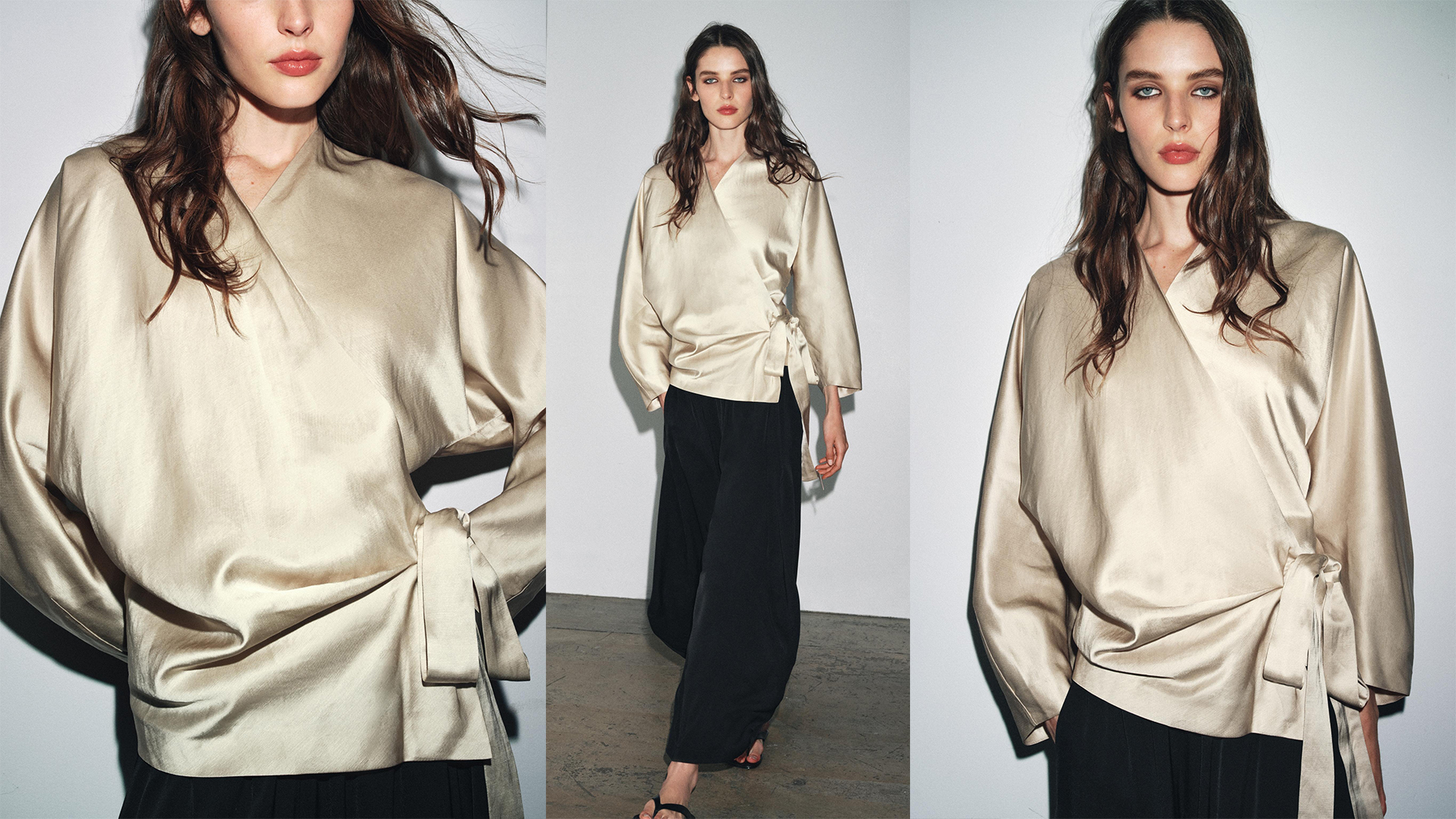 model wears wrap top from Zara and black curved pants