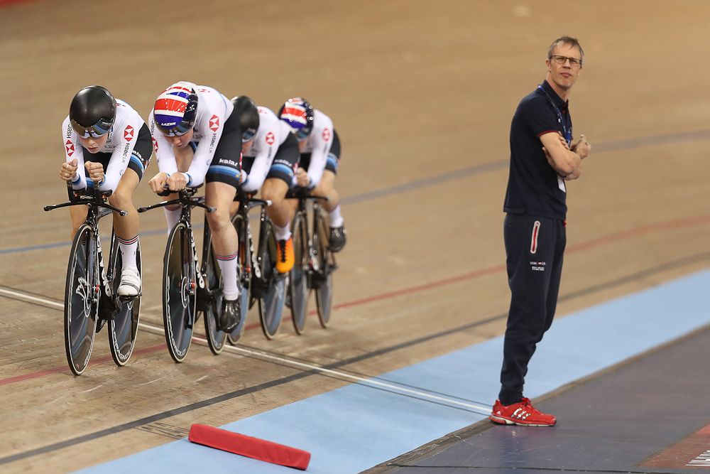 British Cycling Coach Paul Manning keeps an eye on the clock as Great Britain compete in the first round of the Women's Team Pursuit on day One of the 2018 TISSOT UCI Track Cycling World Cup