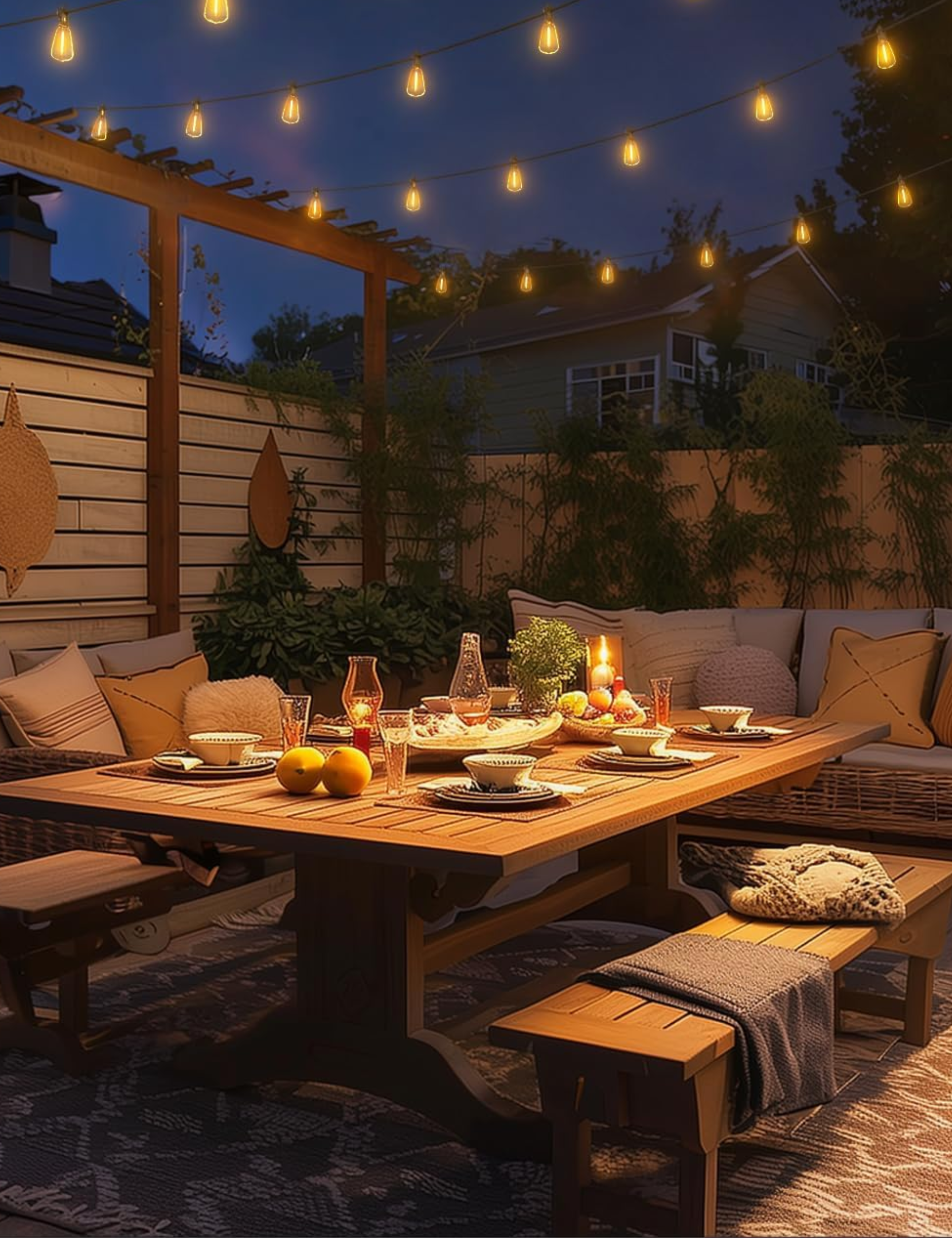 Solar string lights draped overtop of an outdoor dining area set for an enchanting alfresco meal