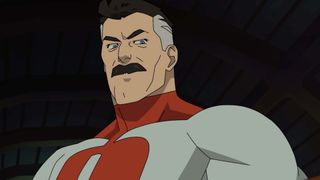 Omni-Man smirks as he looks down on someone off camera in Invincible season 2