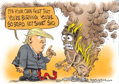 Political cartoon U.S. Trump California wildfire burning EPA environment climate change