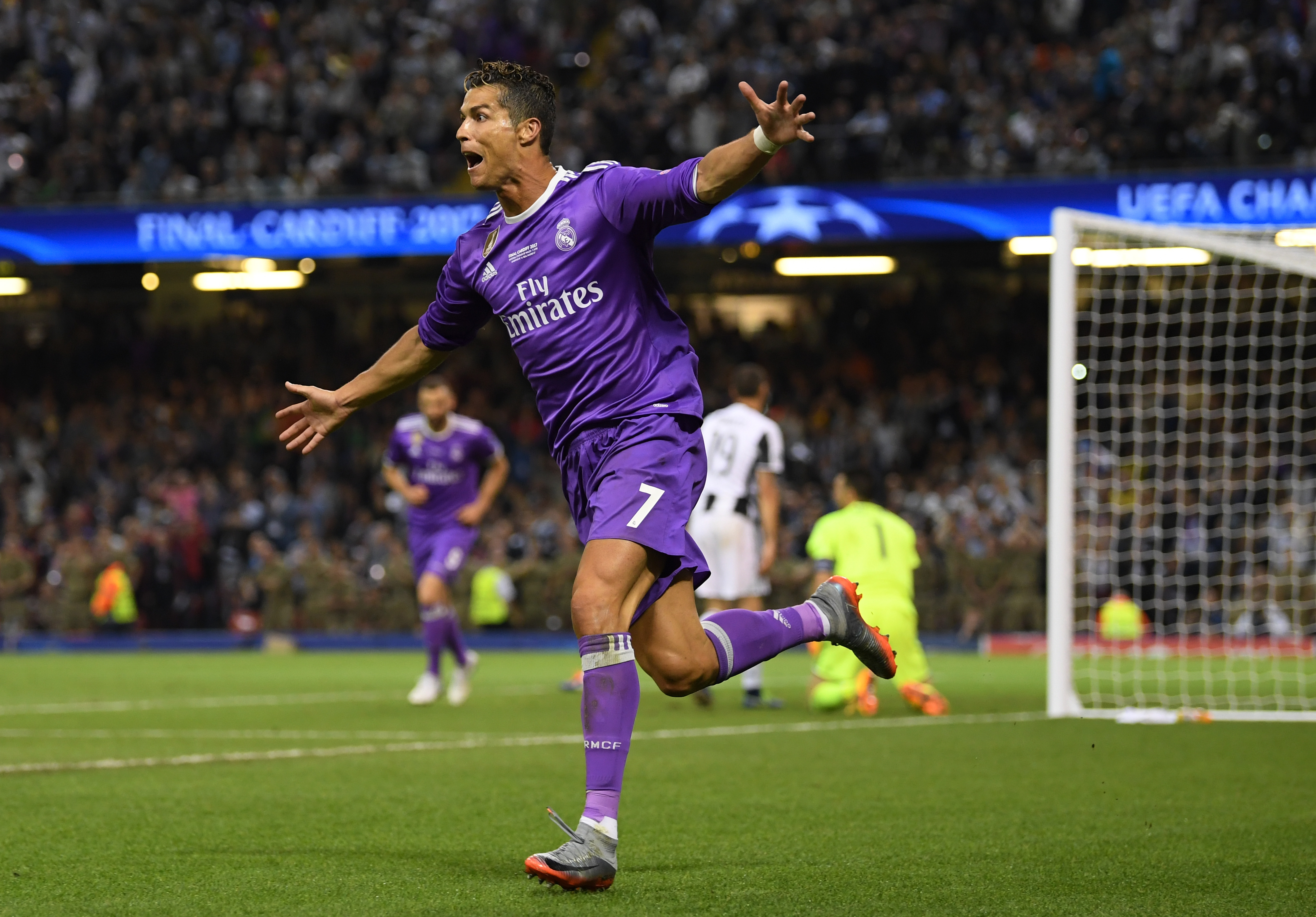Cristiano Ronaldo celebrates after scoring Real Madrid's third goal against Juventus in the 2017 Champions League final in Cardiff.