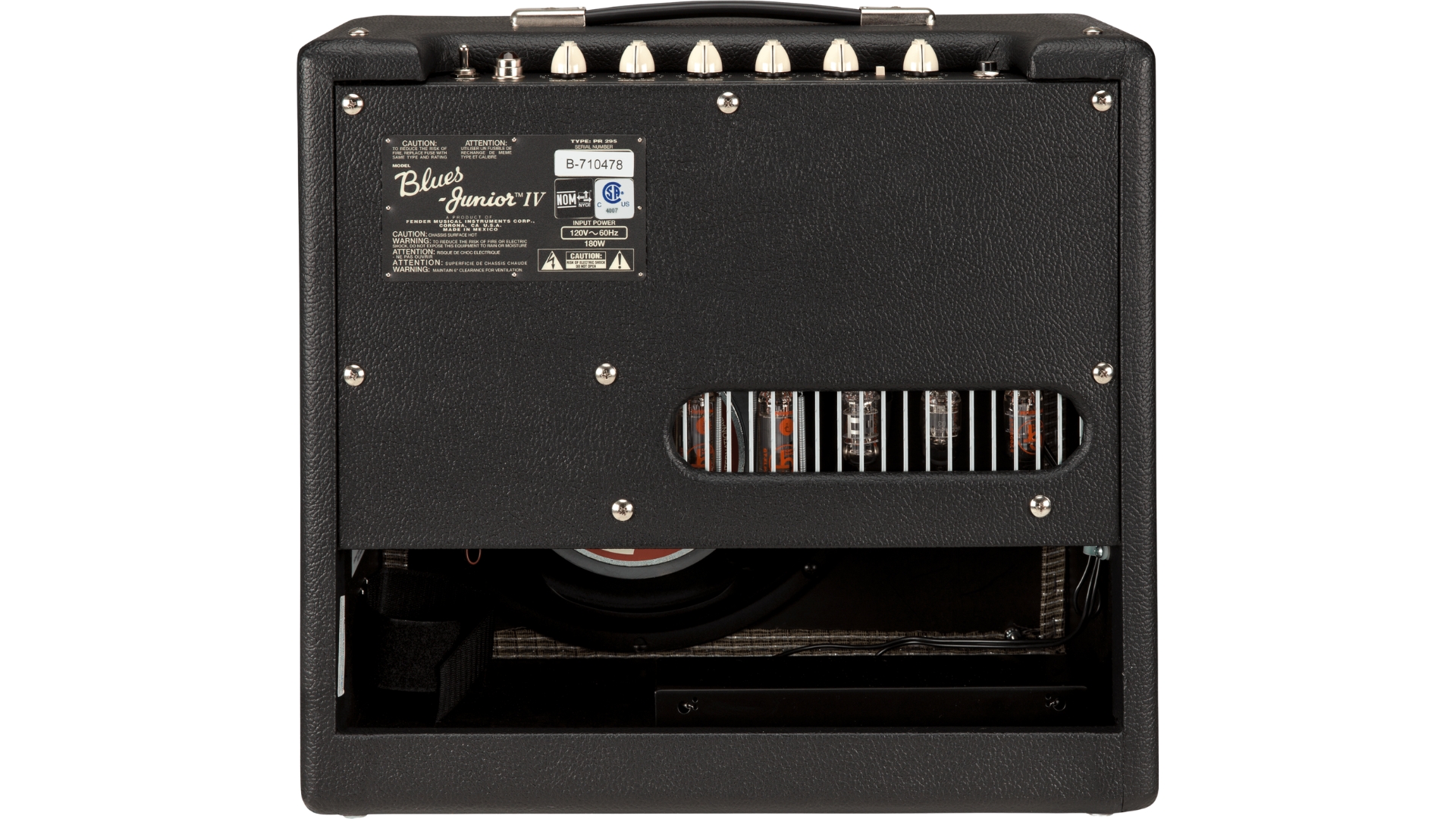 The back panel of a Fender Blues Junior IV tube amp