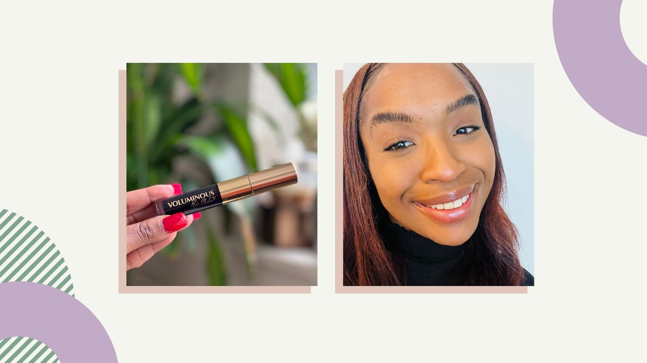 A side-by-side collage of a person with red nails holding the L&#039;oreal Voluminous Noir Balm Mascara on the left and a headshot photo of the person wearing the mascara on the right side, for L&#039;oreal Voluminous Noir Balm Mascara Review. 