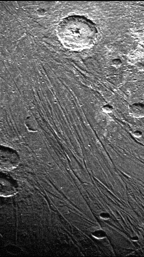 The dark side of Ganymede, with craters from asteroid strikes and narrow lines, which scientists believe are from tectonic activity.