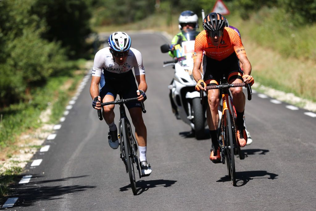 ESPINOSA DE LOS MONTEROS SPAIN AUGUST 05 LR Guy Niv of Israel and Team Israel StartUp Nation Joan Bou Company of Spain and Team Euskaltel Euskadi in the Breakaway during the 43rd Vuelta a Burgos 2021 Stage 3 a 173km stage from Busto de Bureba to Espinosa de los Monteros VueltaBurgos BurgosCycling CapitalMundialdelCiclismo on August 05 2021 in Espinosa de Los Monteros Spain Photo by Gonzalo Arroyo MorenoGetty Images