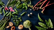 Overhead view of fresh spring vegetables sitting on a black background