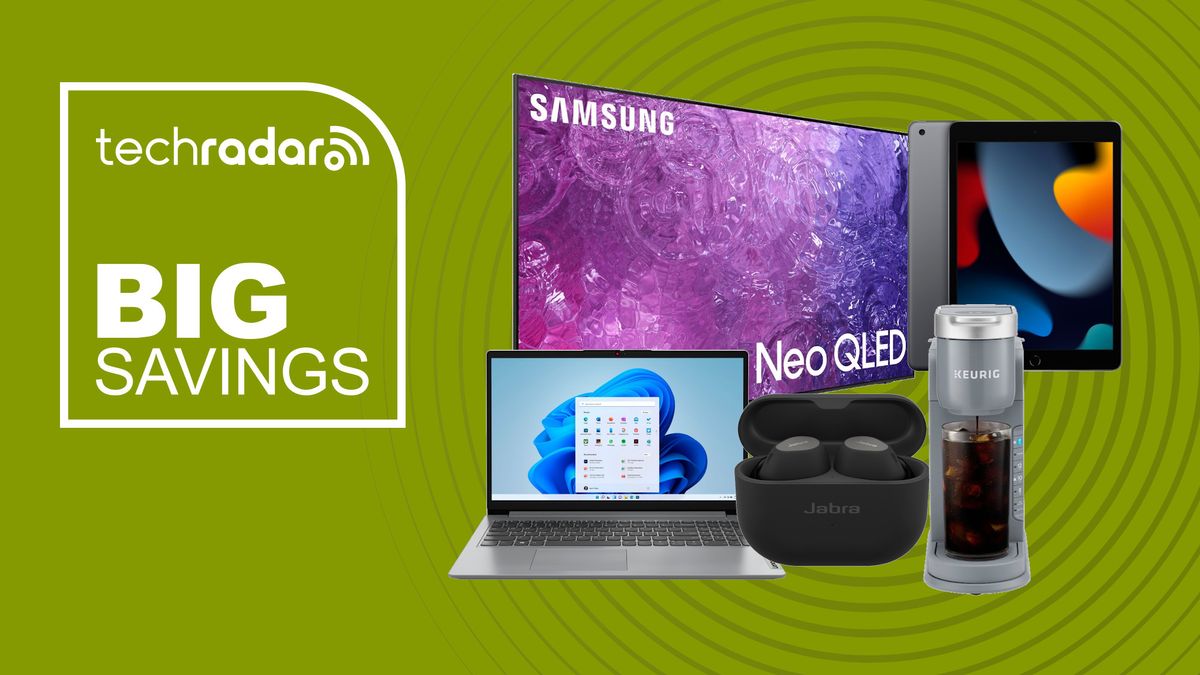 Samsung TV, laptop, earbuds, iPad and coffe maker on a green background