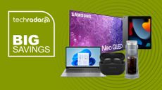 Samsung TV, laptop, earbuds, iPad and coffe maker on a green background
