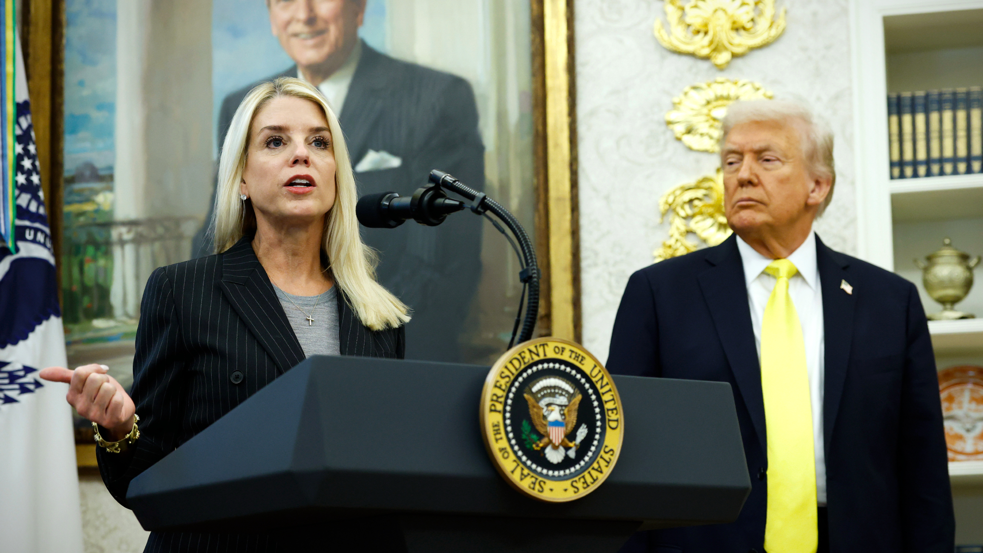 Attorney General Pam Bondi speaks in Oval Office with President Donald Trump