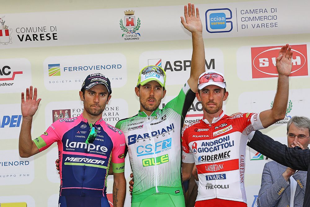 The Tre Valli Varesine podium: Diego Ulissi, Sonny Colbrelli and Francesco Gavazzi