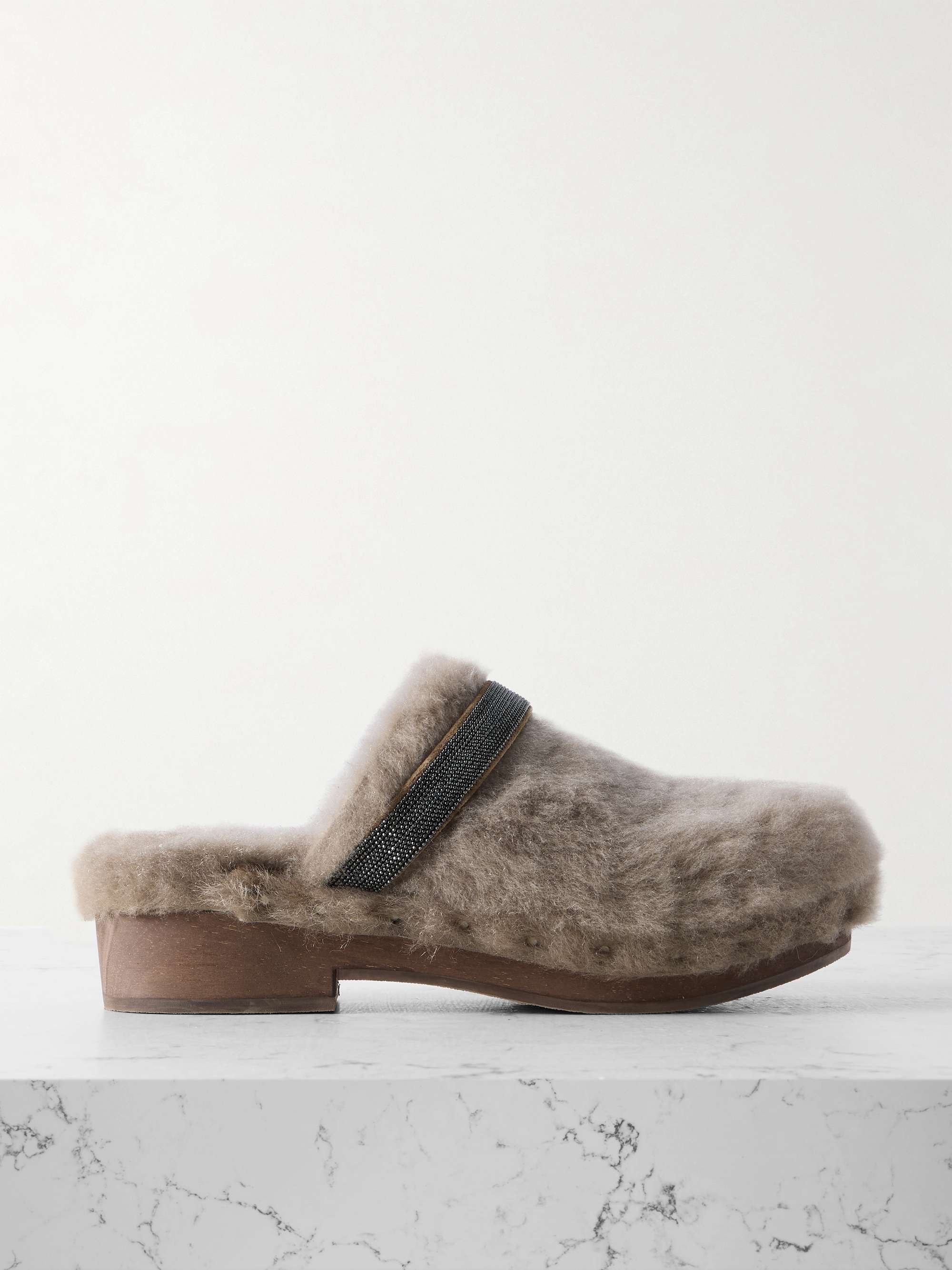 Bead-Embellished Shearling Clogs