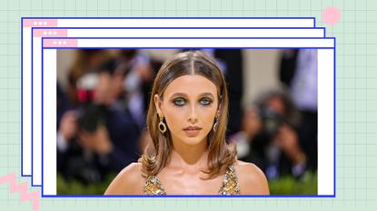 Emma Chamberlain with green eyeliner, posing at the 2021 Met Gala Celebrating In America: A Lexicon Of Fashion at Metropolitan Museum of Art on September 13, 2021 in New York City/ in a green and pink template