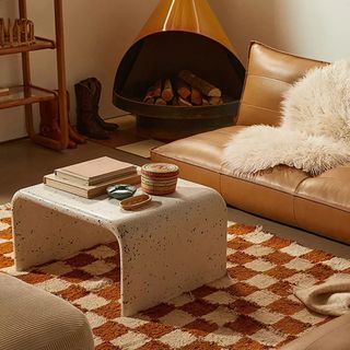 Checkerboard rug in living room