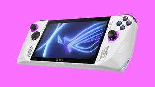 ROG Ally; a white handheld PC games console with an angular design