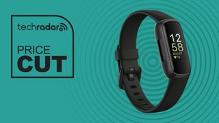 Fitbit Inspire 3 in black on cyan background with TechRadar price cut sign
